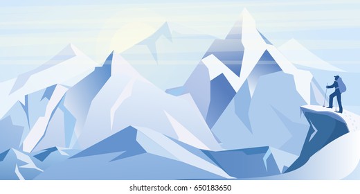 Vector illustration of ice mountains with traveller on the top of mountain. Winter background flat style illustration.