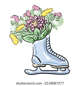 Ilustración vectorial para la pista de hielo. patines con un ramo de flores. patinaje artístico, postales del espectáculo de hielo