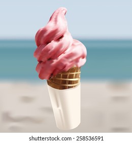 Vector Illustration ice scream cone with beach background like the realistic vector.