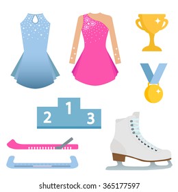 Vector illustration of ice skate, dresses, blade guards, podium, cup and medal. Blue, pink, yellow colors. Elements for design on white background.