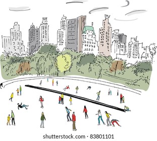 Vector illustration of ice skaters in Central Park, Manhattan, New York svg