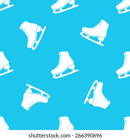 Vector illustration of ice skates  seamless pattern. White on blue background.