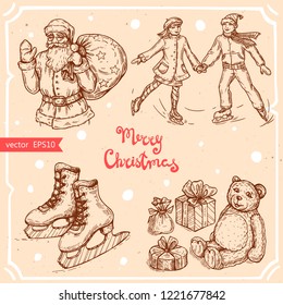 Vector illustration of ice skates,skating couple, Santa Claus,christmas gift box, toy, text Merry Christmas on background with abstract paper texture. Christmas gift skates, children sketch.Linear art