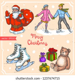 Vector illustration of ice skates,skating couple, Santa Claus,christmas gift box, toy, text Merry Christmas on background with abstract paper texture. Christmas gift skates, children sketch.Linear art