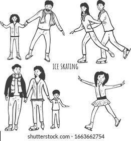 Vector illustration of ice skating activities set. Family time. Man and women, girls and boys. Mom, dad, son and daughter wearing skate on rink. Vintage hand drawn style.