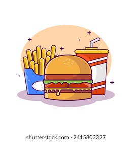 Vector illustration of ice soda drink, hamburger, french fries designed in simple flat style. Ready to eat food concept design.