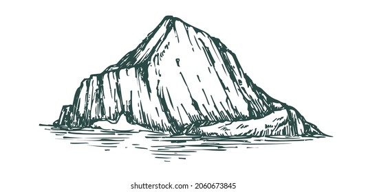 Vector illustration iceberg in monochrome sketch engraved style isolated on white background. Big ice mountain in water. Hand drawn vintage design element.