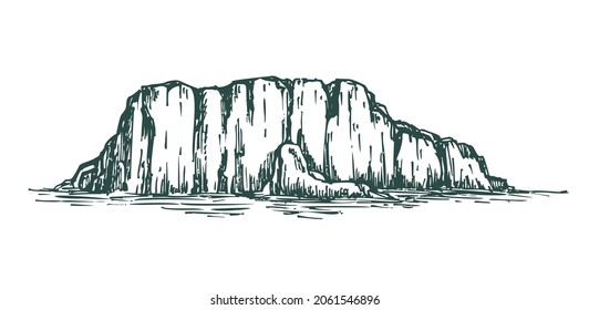 Vector illustration iceberg in monochrome sketch engraved style isolated on white background. Big ice mountain in water. Hand drawn vintage design element.