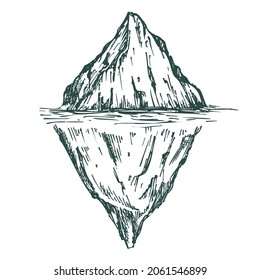 Vector illustration iceberg in monochrome sketch engraved style isolated on white background. Big ice mountain in water. Hand drawn vintage design element.