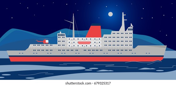 Vector illustration: of icebreaker ship paves the way on blue seascape. Flat style. Good for advertisement, banners, posters and cards.