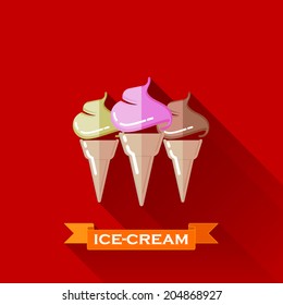 vector illustration with ice-cream cones icon in flat design style with long shadows