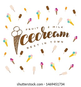 Vector illustration of icecream lettering for banner, leaflet, poster, clothes, logo, advertisement design. Handwritten text for template, signage, billboard, printing. Imitation of brushpen lettering