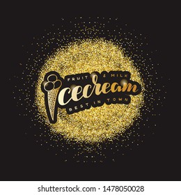 Vector illustration of icecream lettering for banner, leaflet, poster, clothes, logo, advertisement design. Handwritten text for template, signage, billboard, printing. Imitation of brushpen lettering