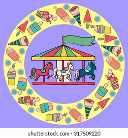 Vector illustration with ice-cream and roundabout in colorful doodle style.