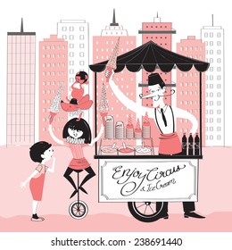 Vector illustration of a ice-cream seller, a circus girl, a dog and a boy with a icecream truck