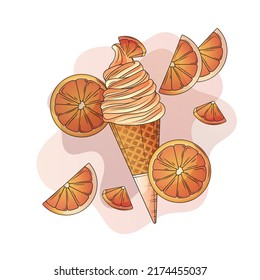 Vector illustration of ice-cream in waffle cone with slice of orange. Hand-drawn illustration for design packaging, decoration of banner, poster, cover, card. Summer holidays, hot weather concept.