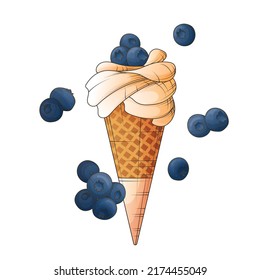 Vector illustration of ice-cream in waffle cone with blueberries. Hand-drawn summer illustration for design packaging, decoration of banner, poster, cover, card. Summer holidays, hot weather concept.