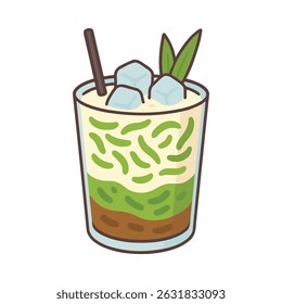 Vector illustration of iced cendol with green jelly, coconut milk, palm sugar syrup, ice cubes, and pandan leaves in a clear glass, served as a festive refreshment.