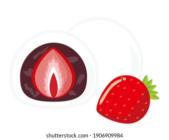 Vector illustration of Ichigo Daifuku .  Japanese sweets .  Mochi filled with sweet bean and strawberries