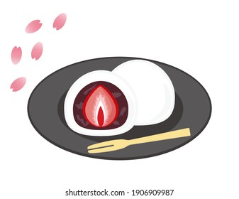 Vector illustration of Ichigo Daifuku .  Japanese sweets .  Mochi filled with sweet bean and strawberries