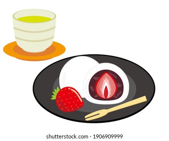 Ichigo Daifuku, ilustración vectorial.  Dulces japoneses.  Mochi relleno de frijol dulce y fresas