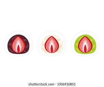 Vector illustration of Ichigo Daifuku .  Japanese sweets .  Mochi filled with sweet bean and strawberries