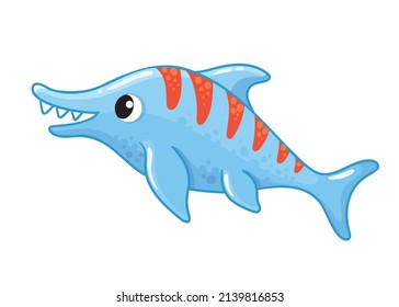 Vector illustration with an ichthyosaur which stands on a white background. Cute dinosaur in cartoon style.