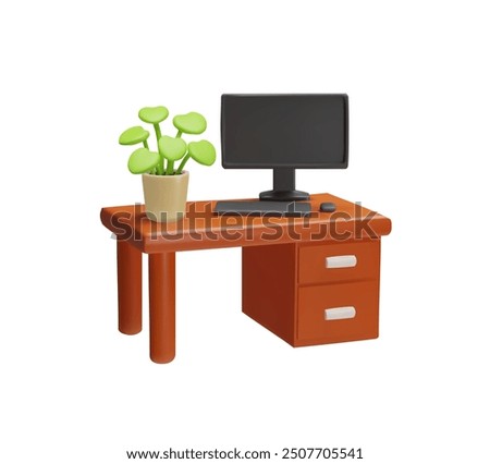 Vector illustration icon of a 3D office desk with a computer monitor, keyboard, and mouse. A potted plant with green leaves adds a touch of nature to the workspace.