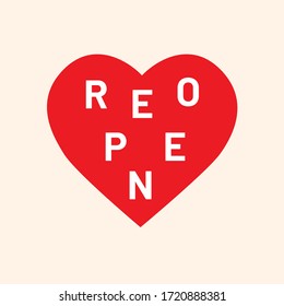 Icono de ilustración vectorial tras signo de cuarentena para el concepto de brote de coronavirus. "REABRIR" carta sobre el corazón rojo para el servicio y los negocios de restaurante, tienda y café reabriendo después de cerrar la cerradura.