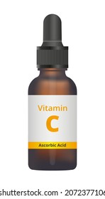 Icono o ilustración vectorial de un frasco de gafas de vidrio ámbar con vitamina C líquida aislada en blanco. Gotas de vitamina C, ácido ascórbico, ascorbato. Gotas líquidas, suplemento dietético, nutriente esencial.