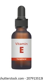 Vector illustration or icon of an amber glass dropper bottle with liquid vitamin E isolated on white. Vitamin E drops. Liquid drops, dietary supplement. Tocopherol, tocotrienol, antioxidant.