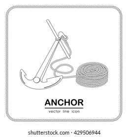 Vector illustration: Icon of anchor and rope on white background. Line design