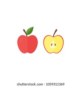 Vector illustration of icon apple on white background, set including whole fruit and half. Flat style vector illustration, isolate