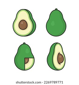 Icono de ilustración vectorial con aguacates en varias formas. Los aguacates de corte, aguacates enteros, solo los aguacates parcialmente cortados.