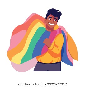 Vector illustration icon badge bright drawing afro latino man holding flag lgbt community rainbow hugging gay month pride love flat style