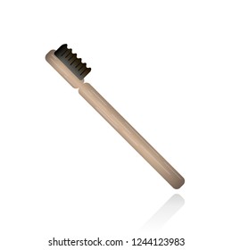 vector illustration icon bamboo tooth brush with black active charcoal bristle. Organic tool. Eco friendly. White background 