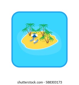 Vector illustration. Icon beach holiday. Sandy island in the sea with sun loungers, parasols and palm trees. Isometric, 3D.