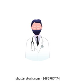 Vector illustration icon of bearded man, doctor wearing glasses and stethoscope. Flu season. Medical professional, isolated.