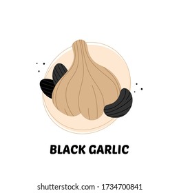 Vector illustration, icon with black garlic, fermented garlic whole and separated cloves.