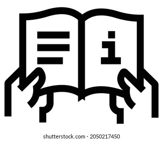 Vector illustration of the icon of both hands holding guide book. Monoline drawing style. Black and white color.