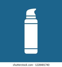 Vector illustration icon with bottle liquid foundation for making makeup to woman. White silhouette on a blue background