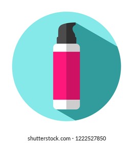 Vector illustration icon bottle with pomp for makeup, shaving cream or gel,. Flat style. Pink, white, black colors. Blue background