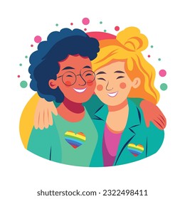 Vector illustration icon icon bright drawing pride month love two girls lgbt hug rainbow icon people flat style