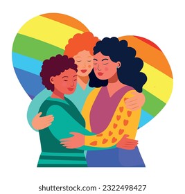 Vector illustration icon bright drawing pride month love three girlfriend girls lgbt hug rainbow icon people flat style