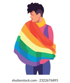 Vector illustration icon icon bright drawing man guy no face holding flag lgbt community rainbow hugging gay month pride love flat style