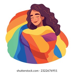 Vector illustration icon icon bright drawing girl holding flag lgbt community rainbow hugging gay lesbian month pride love