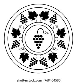Vector illustration of icon with bunch grapes with leaves and curlicues around it. Bottle label design element, symbol, logo isolated on white background. For advertising, promotion of product. EPS 8