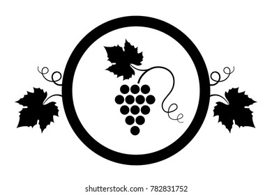 Vector illustration icon with bunch of grapes with leaf, curlicues in circle. Black symbol, logo isolated on white background. For advertising, packing design or promotion of product on market. EPS 8.
