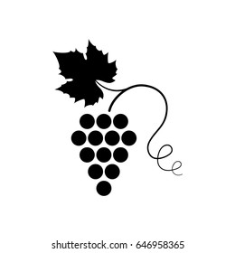 Vector illustration of icon with bunch ripe grapes with leaf and curlicue . Black symbol or logo isolated on white background. For advertising or promotion of product on market. EPS 10