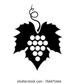 Vector illustration of icon with bunch ripe grapes with leaf and curlicue . Black symbol or logo isolated on white background. For advertising or promotion of product on market. EPS 8